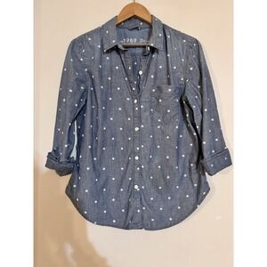 Polka Dot Denim Gap Button Down Jean Dress Casual Shirt Top M Blue White Cute